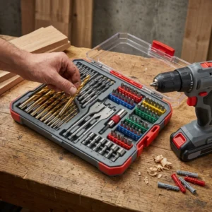 Zestaw Wierteł i Bitów Tytan 100 elem. (Metal, Beton, Drewno) – w użyciu Zestaw Wierteł i Bitów Tytan 100 elem. (Metal, Beton, Drewno) – w użyciu